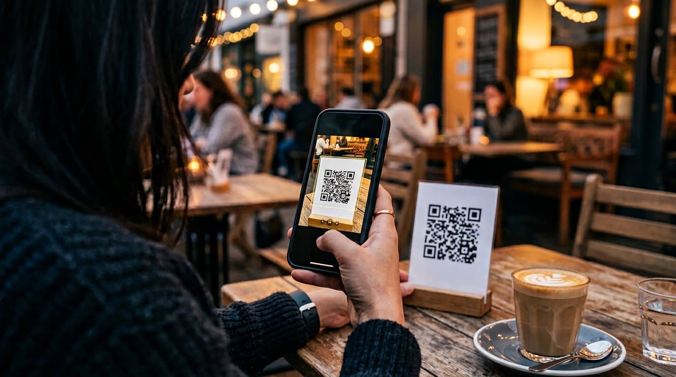 مهمان با دوربین گوشی کد QR روی میز را اسکن می‌کند